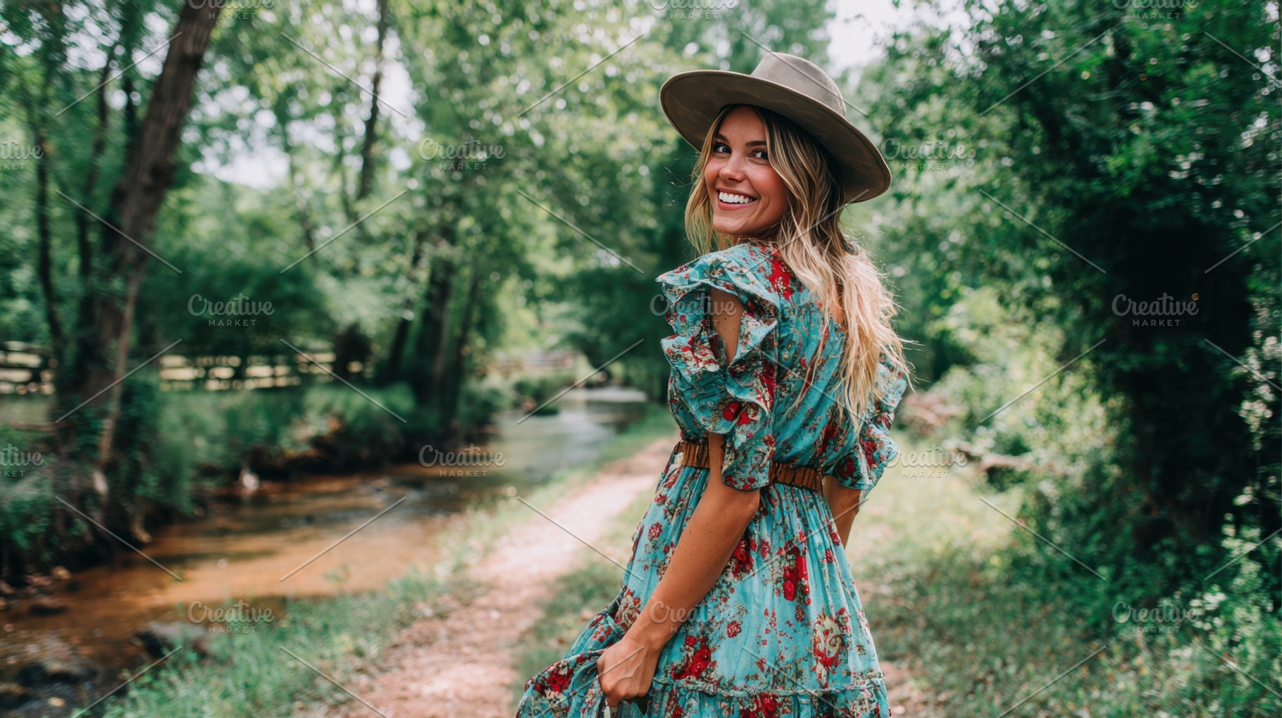 Woman in floral dress enjoys nature, a Photo by Beautiful things
