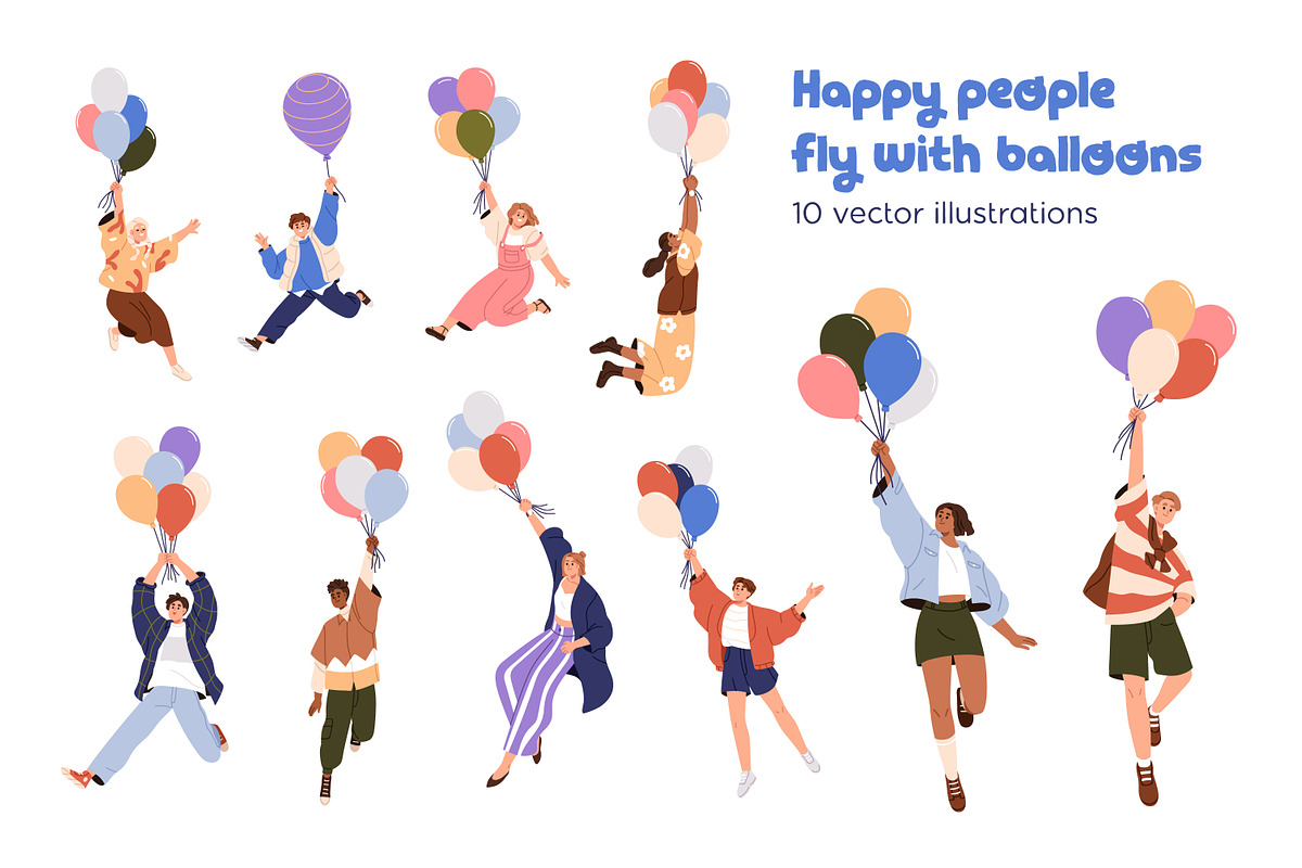 Happy people fly with balloons set, a Person Illustration by Good Studio (Photo 1 of 6)