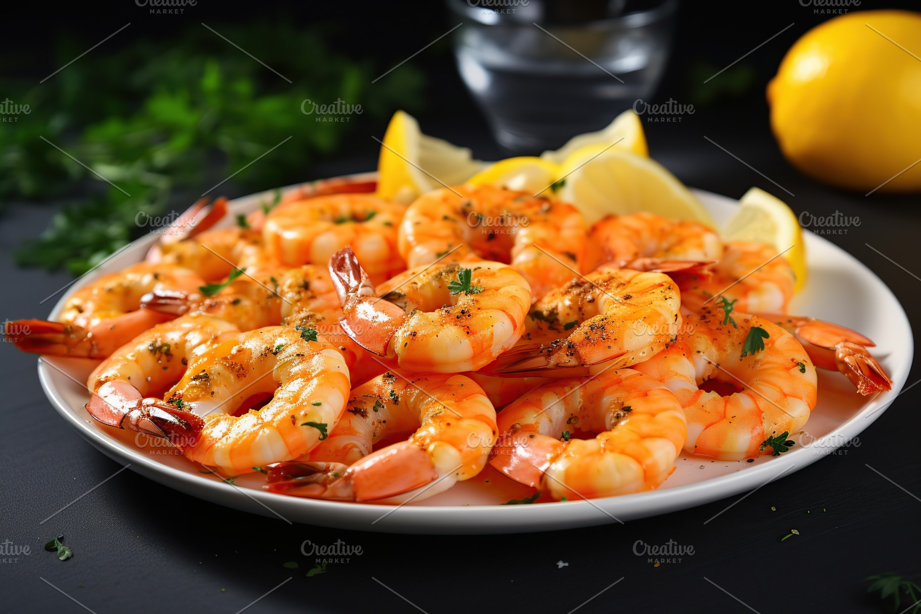 Fresh shrimps in plate on black wooden table, a Food & Drink Photo by AlyaAnd