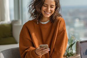 Happy woman using smartphone in mode, a Photo by Pixeness Studio