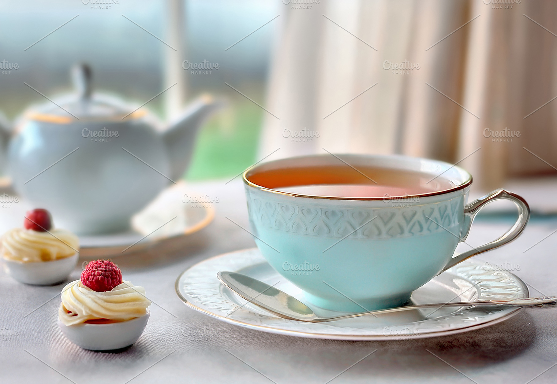Cup of tea with cake in a classic dining room, a Food & Drink Photo by Davizro's Market