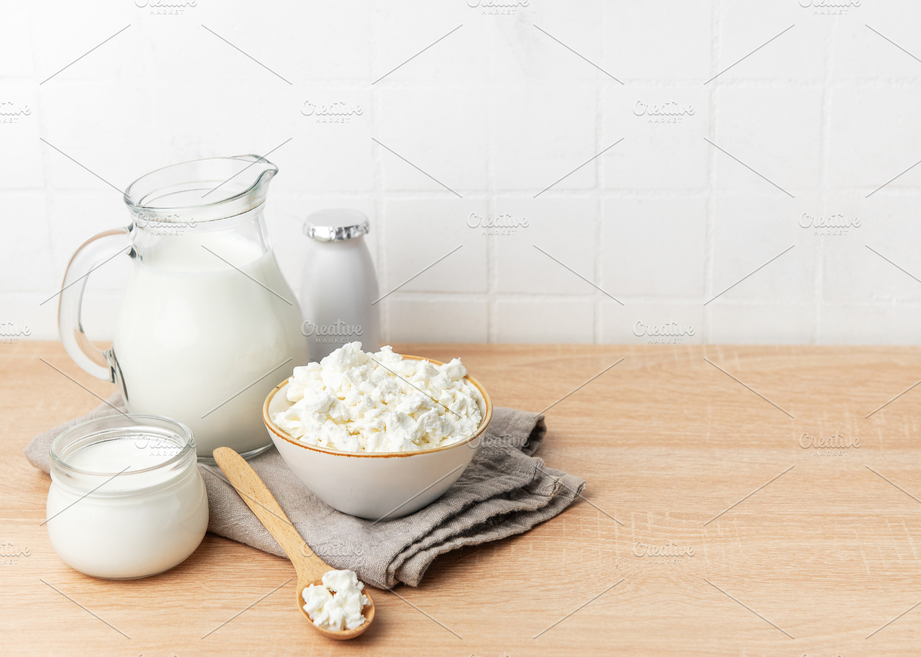Fresh cottage cheese, milk, and yogurt creating a healthy breakf, a Food & Drink Photo by Olena Rudo