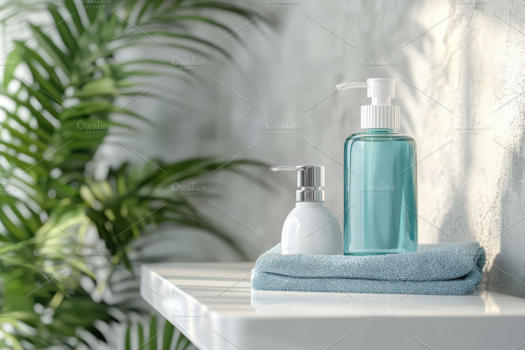 Bottles of liquid soap and lotion on, a Photo by Tanuart