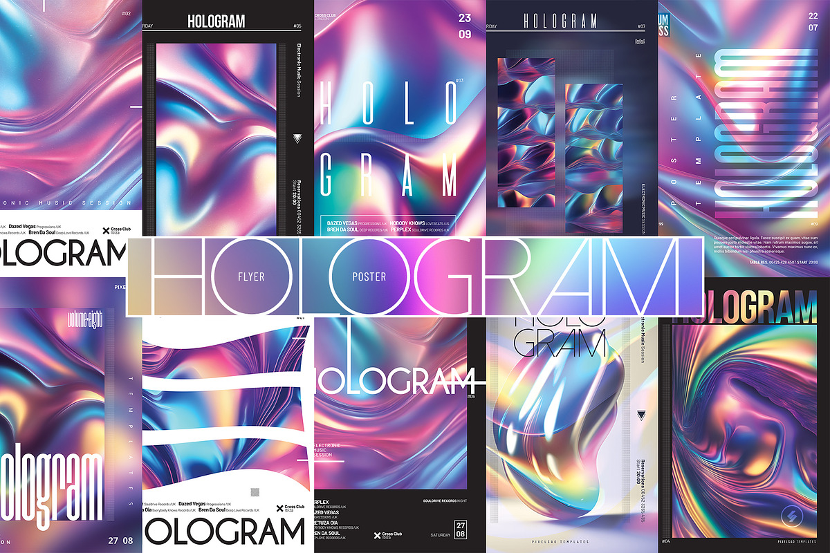 Hologram Party Flyers, Posters Pack, a Poster Template by pixelsao (Photo 1 of 23)