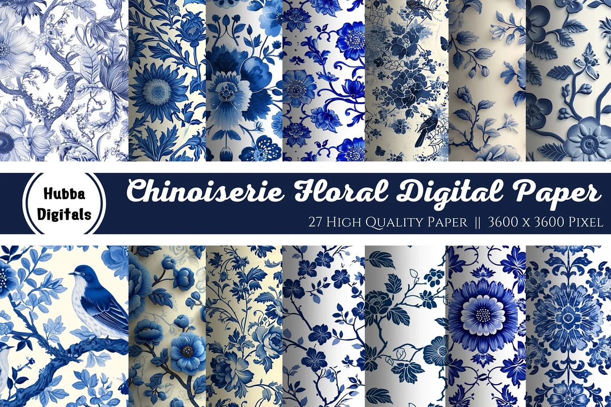 Chinoiserie Floral Digital Paper, an Illustration by HubbaDigitals (Photo 1 of 3)