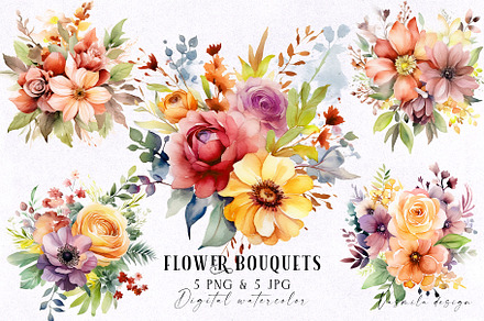 Watercolor garden flower bouquets