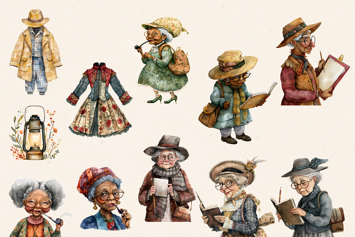 OLD LADY DETECTIVE CLIPART PACK, a Person Illustration by Daring Digies (Photo 3 of 10)