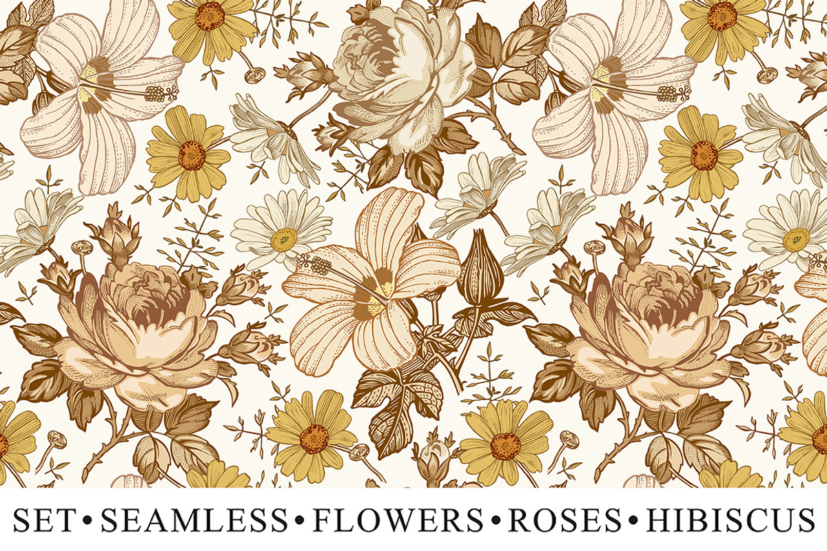 Set Seamless Flowers Rose Hibiscus, a Pattern Graphic by Vintage (Photo 1 of 10)