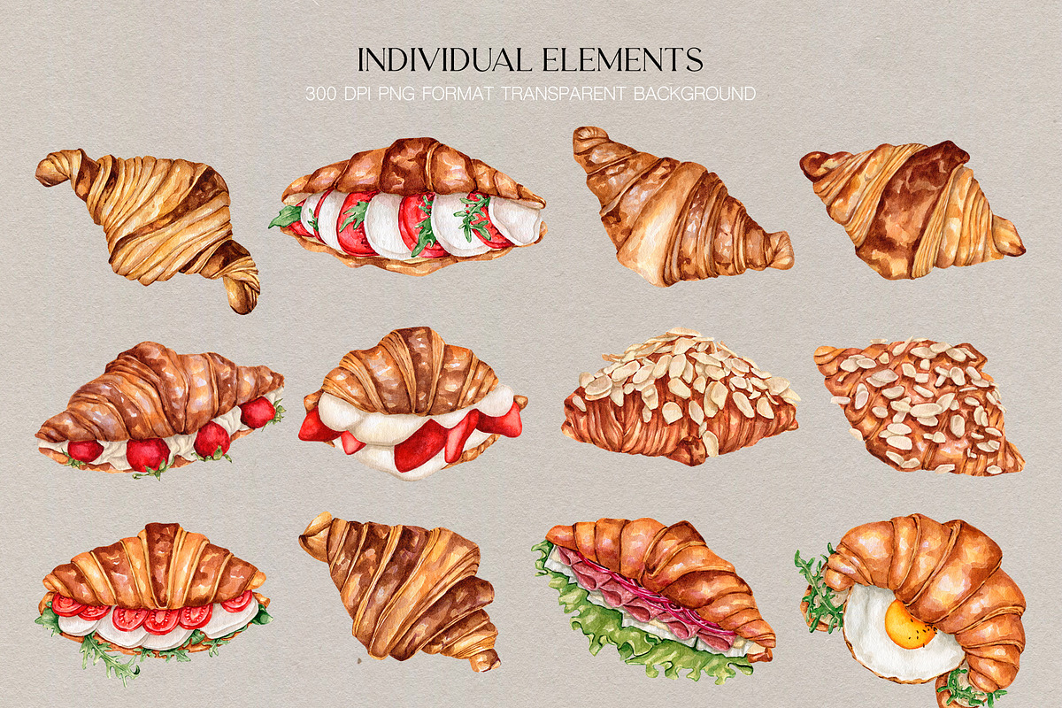 Watercolor Croissants Collection, a Food Illustration by CrystalinaShop (Photo 2 of 7)