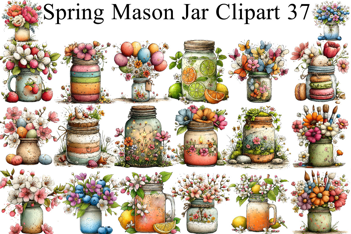 Watercolor Spring Mason Jar Clipart, an Illustration by DreamArtGraphic (Photo 1 of 8)