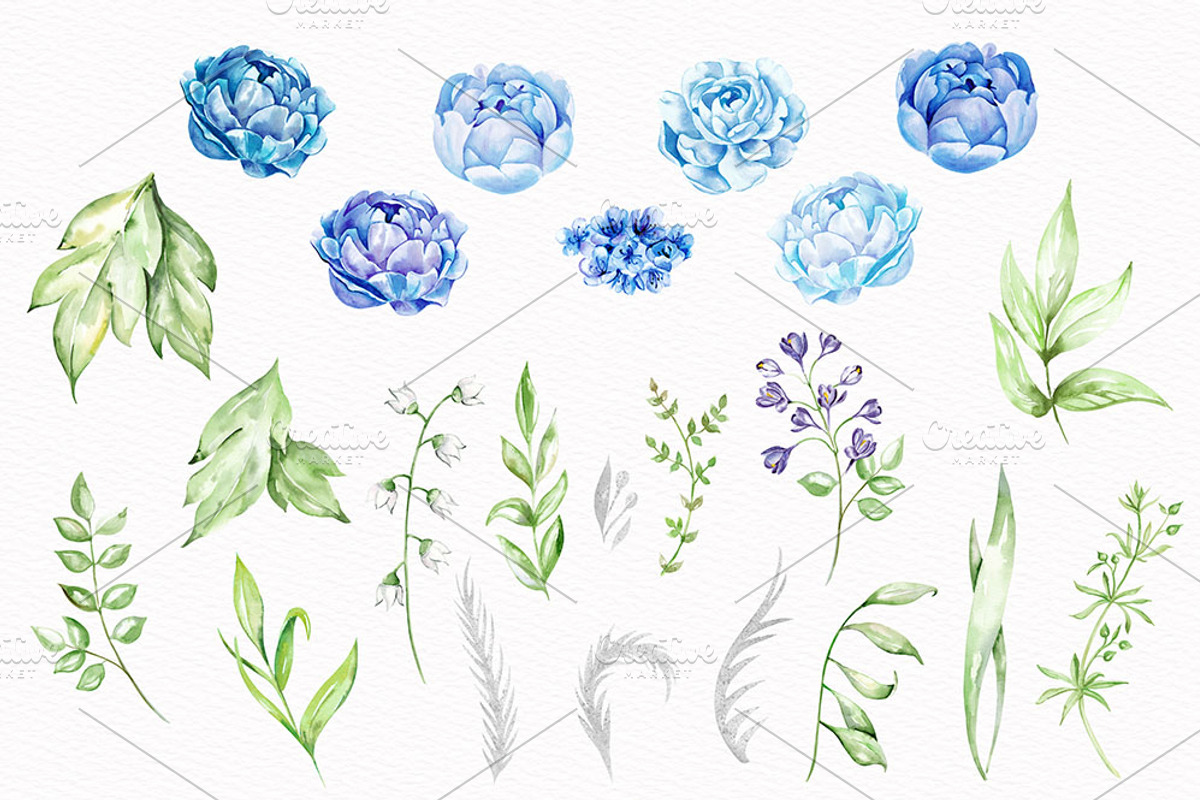 Blue Floral Watercolor Elements, a Decorative Illustration by STASIstudio (Photo 2 of 3)