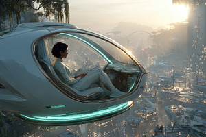 Futuristic Cityscape Woman in Flying, a Photo by Pixeness Studio