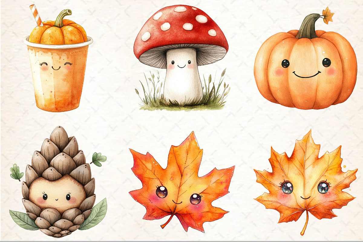 Watercolor Kawaii Autumn Clipart, an Illustration by Rose Art (Photo 3 of 7)