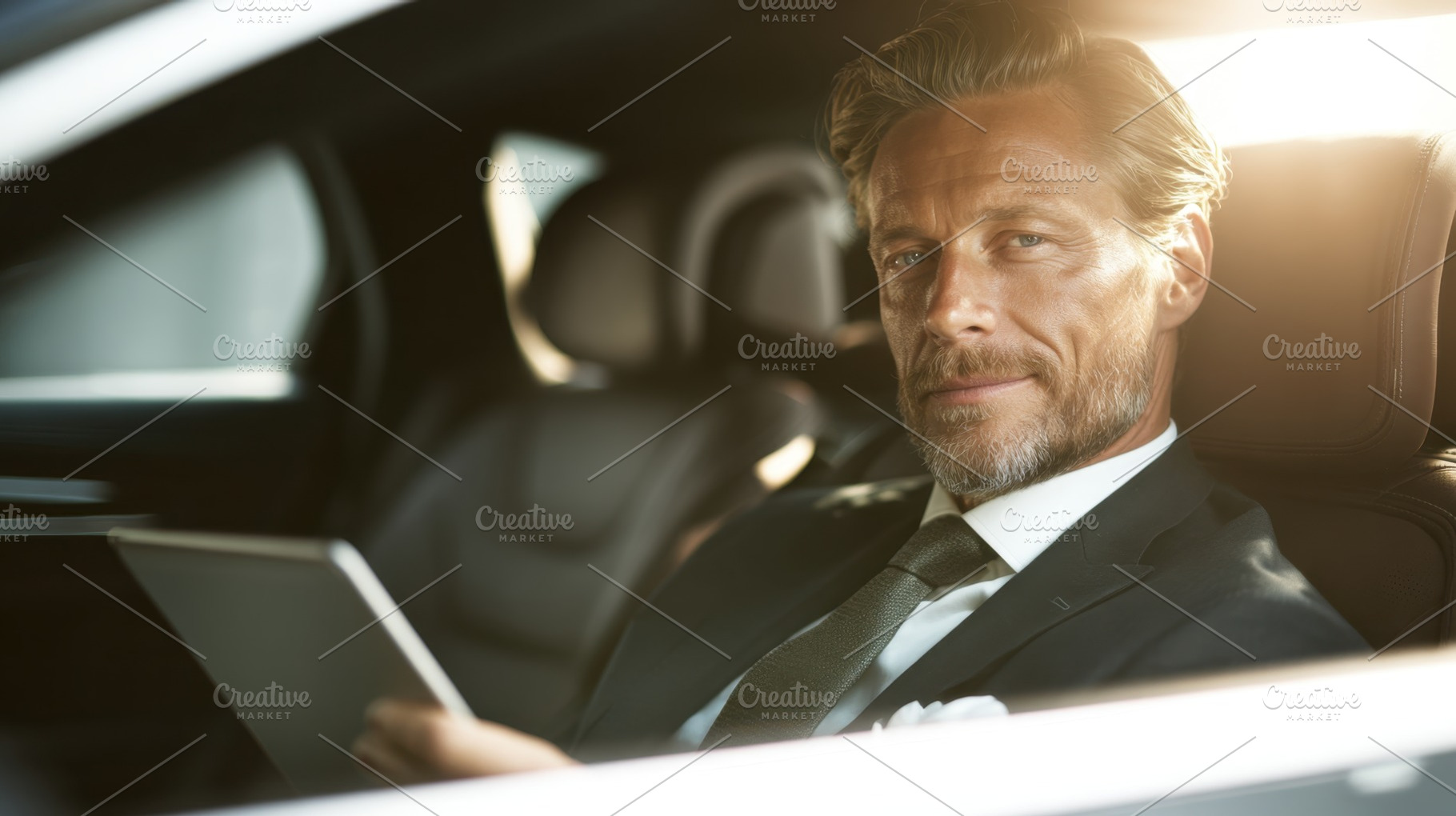 Man in suit reading tablet in car, a Photo by Beautiful things