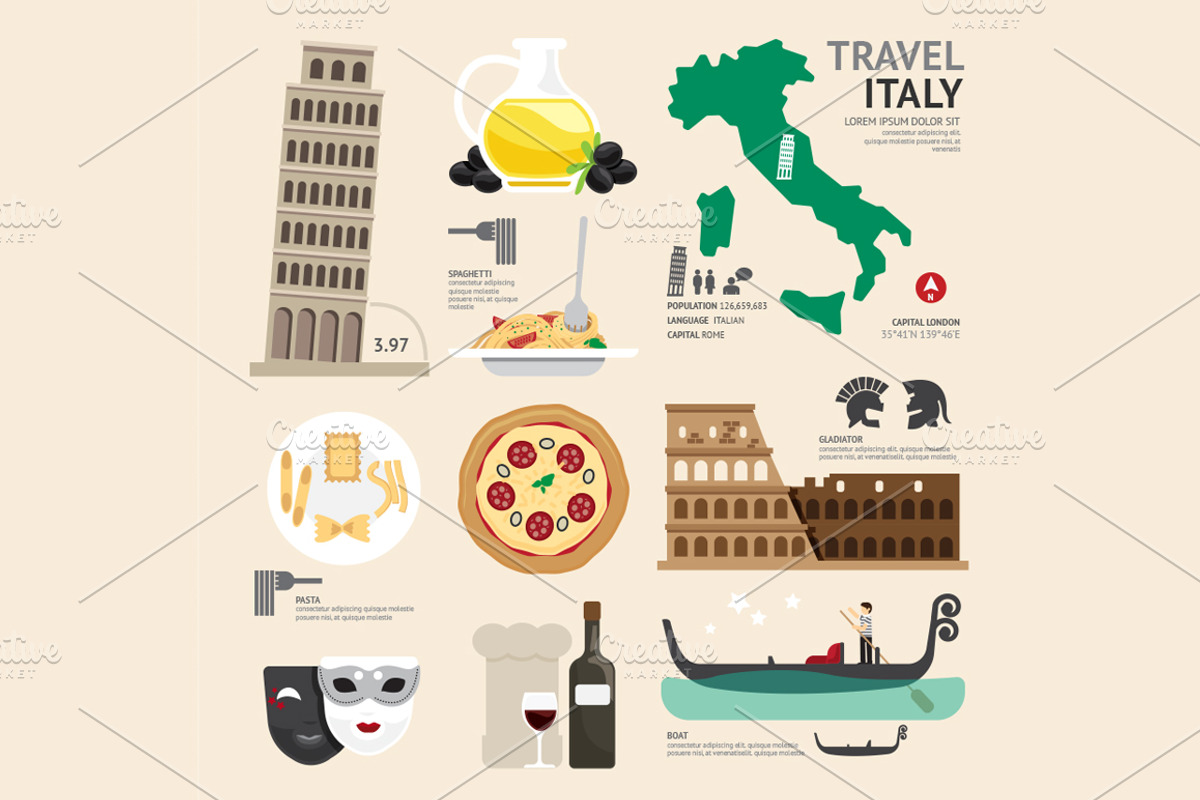 Italy Flat Icons Design Travel Conce, a Food Illustration by Feelplus Creator
