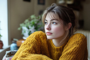 A young woman sits, deep in thought, a Photo by Pavel_design