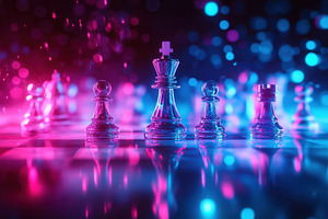 Chess pieces on a glowing neon grid, a Photo by Pavel_design
