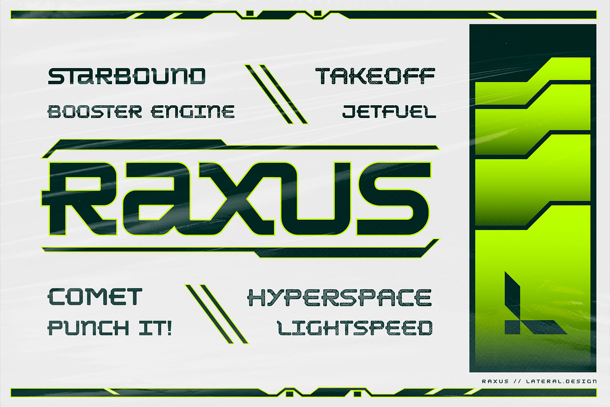 Raxus - Futuristic Font, a Sans Serif Font by Lateral Design (Photo 6 of 11)