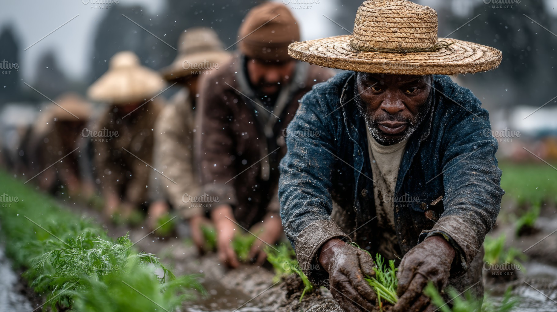 Farmers planting seedlings under a rainy sky emphasizing teamwork and resilienc, a Photo by AS photostudio