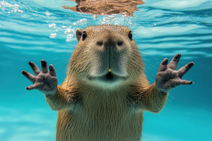 Close-up of a capybara swimming, a Photo by Pavel_design