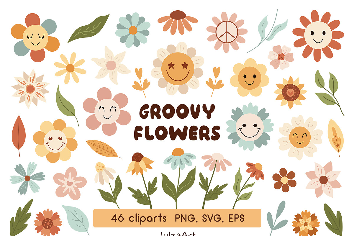 Groovy flower clipart, a Seasonal Illustration by JulzaArt (Photo 1 of 5)