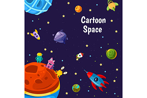 Vector With Cartoon Space Planets And Ships