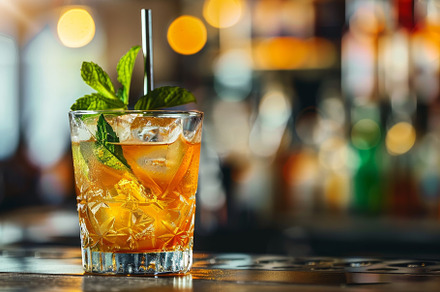 A refreshing cocktail sits on a bar, a Photo by Tanuart