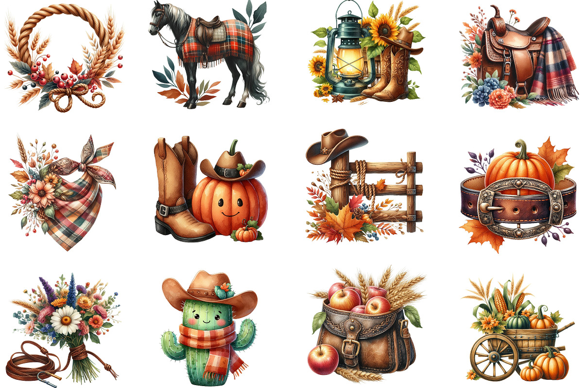 Watercolor Cowboy Autumn Clipart, an Illustration by Designking (Photo 2 of 4)