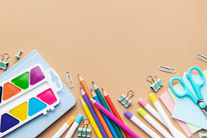 School supplies and art tools creating colorful education concep, a School & Education Photo by Olena Rudo