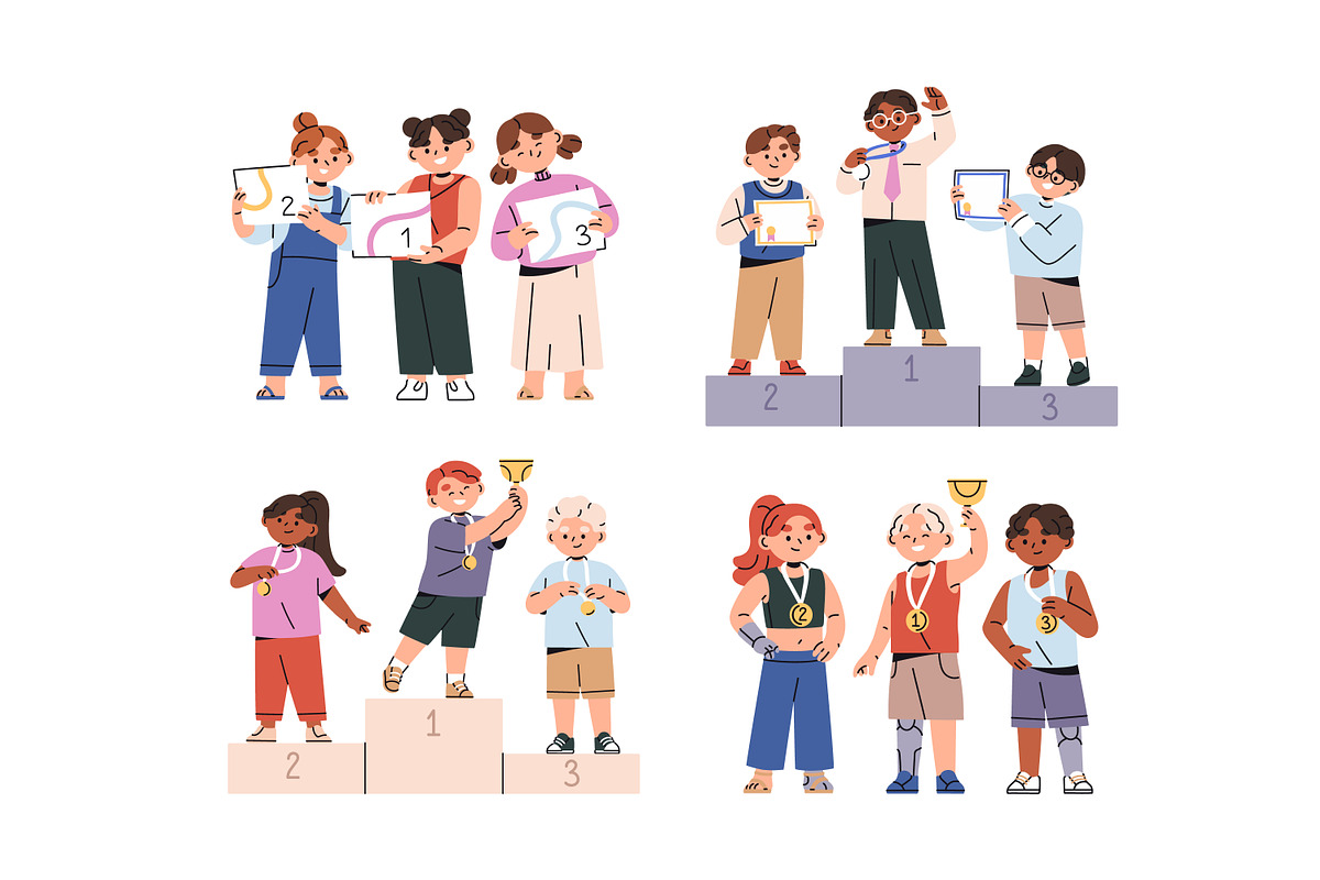 Kids celebrating win on pedestal set, a Person Illustration by PaperTrident (Photo 1 of 5)