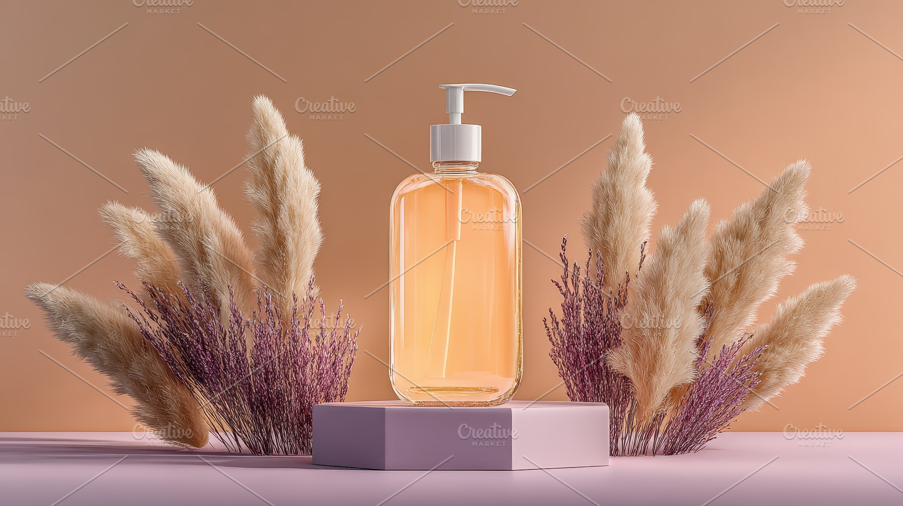 Amber liquid soap bottle on pink pod, a Photo by Pixeness Studio
