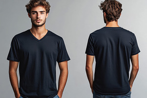 Stylish young man wearing a black V-, a Photo by Tanuart