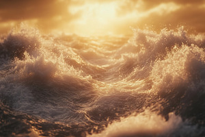 A dramatic view of ocean waves illuminated by golden sunlight, creating a seren, a Photo by Textures & Backgrounds