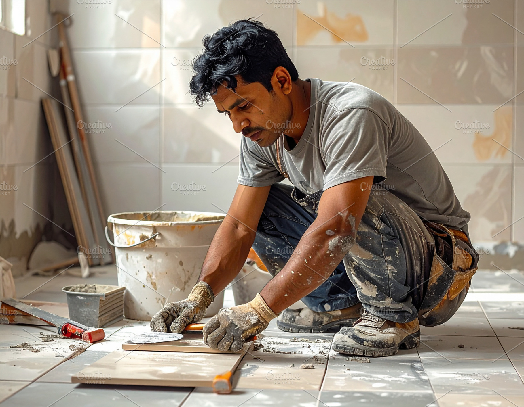 Man tile mason working inside a modern home, a Person Photo by DanFLCreativo