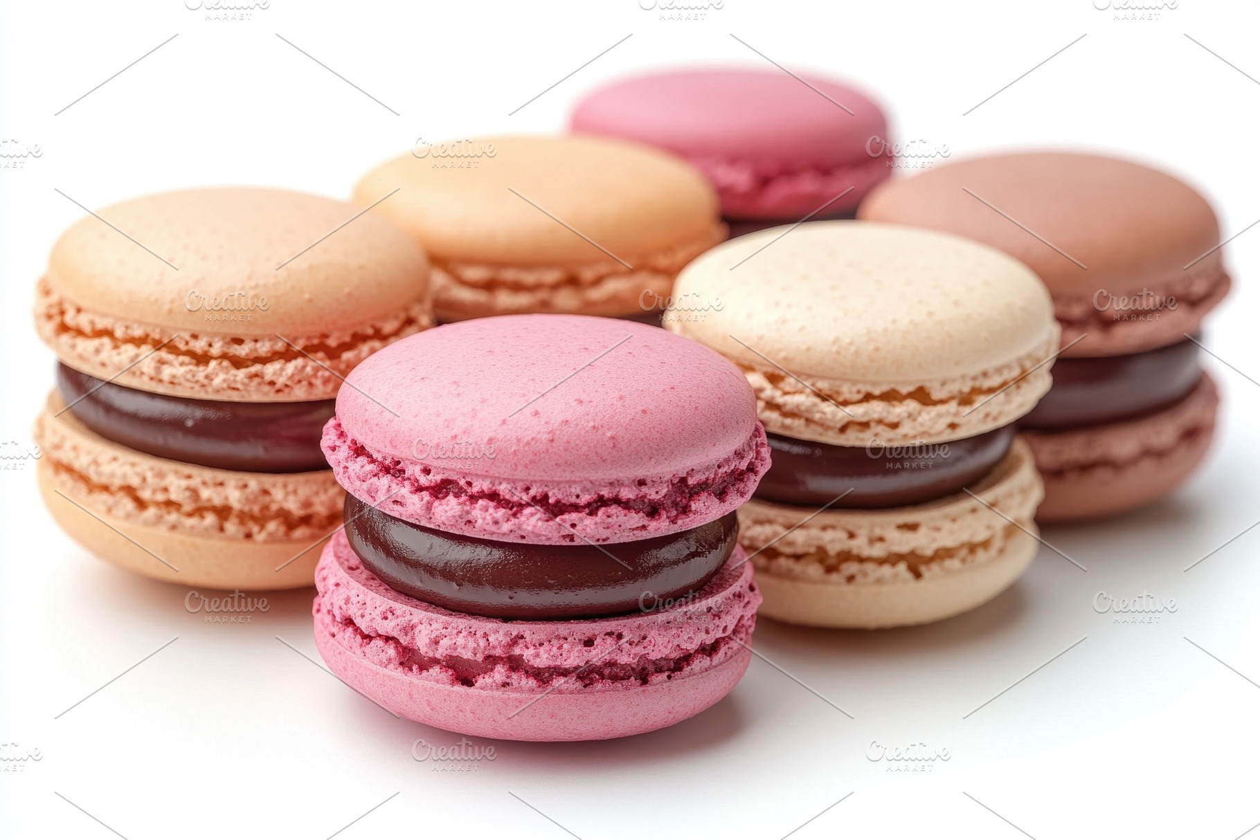 Colorful macarons arranged beautiful, a Photo by Tanuart