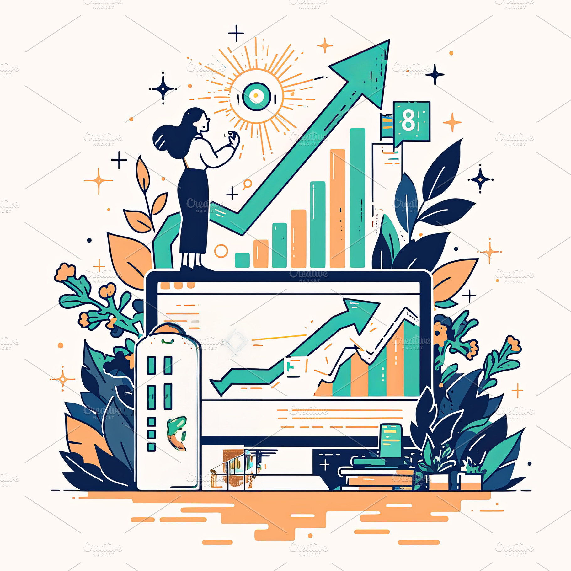 Illustration of economic growth with charts and nature-themed elements, a Photo by AS photostudio
