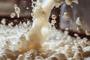 A close-up view of milk being poured, creating splashes and droplets. The scene, a Person Photo by Textures & Backgrounds