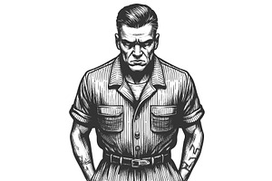 Tough Prisoner in Uniform engraving, a Person Illustration by AlexArt