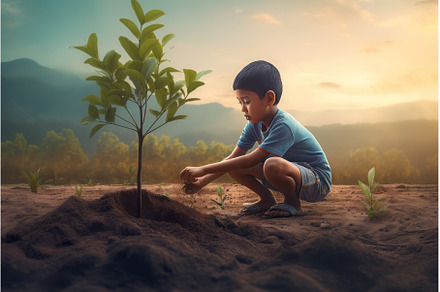 Child planting small tree. Generate, a Nature Photo by Ylivdesign