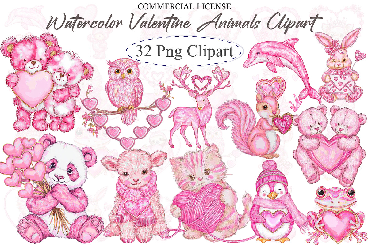 Watercolor Valentine Animals Clipart, an Illustration by designcity5 (Photo 1 of 5)