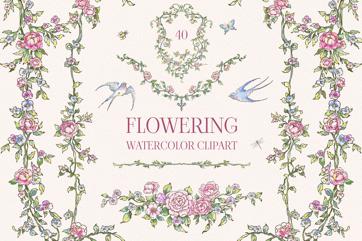 Flowering Watercolor Clip Art, a Decorative Illustration by Ekaproeka (Photo 1 of 7)