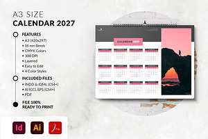 Landscape Calendar 2027 Template, a Stationery Template by MstArtwork