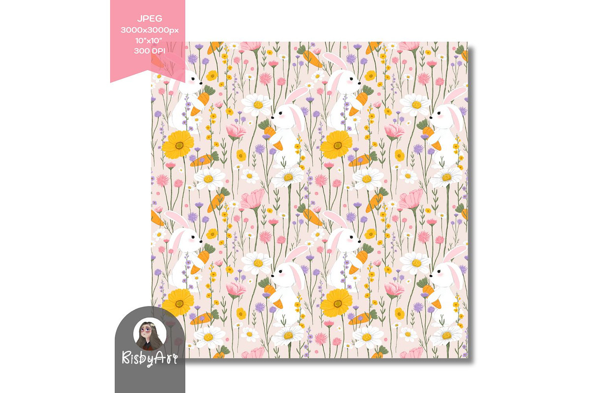 Easter Spring Bunny Flowers Pattern, a Pattern Graphic by KisbyArt