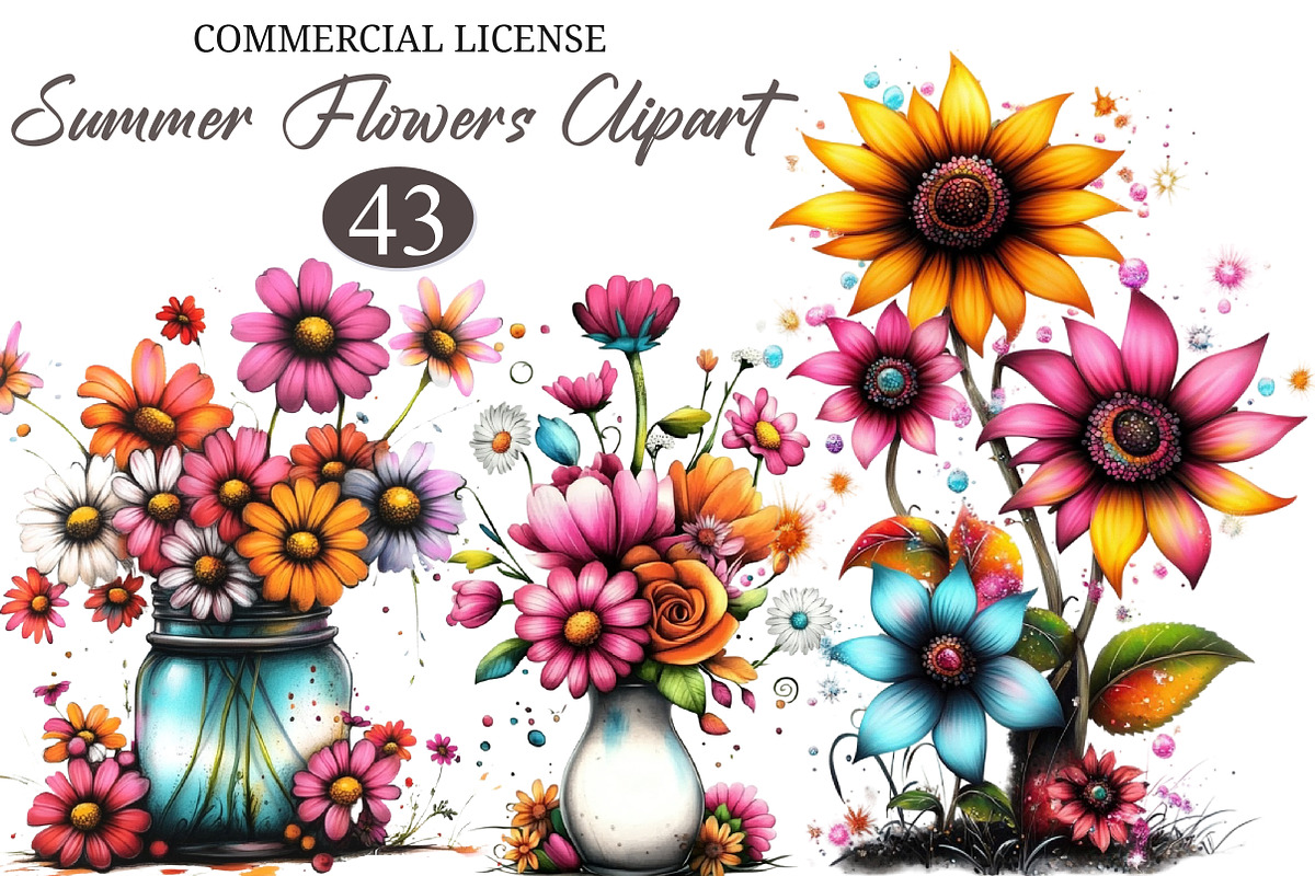 Whimsical Summer Flowers Clipart PNG, an Illustration by designcity5 (Photo 1 of 5)