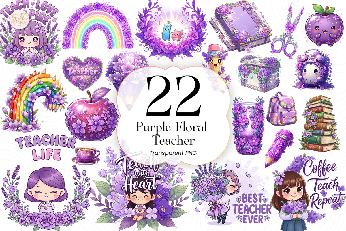 Purple Floral Teacher PNG Clipart., an Object Illustration by KennedyStudio (Photo 1 of 5)