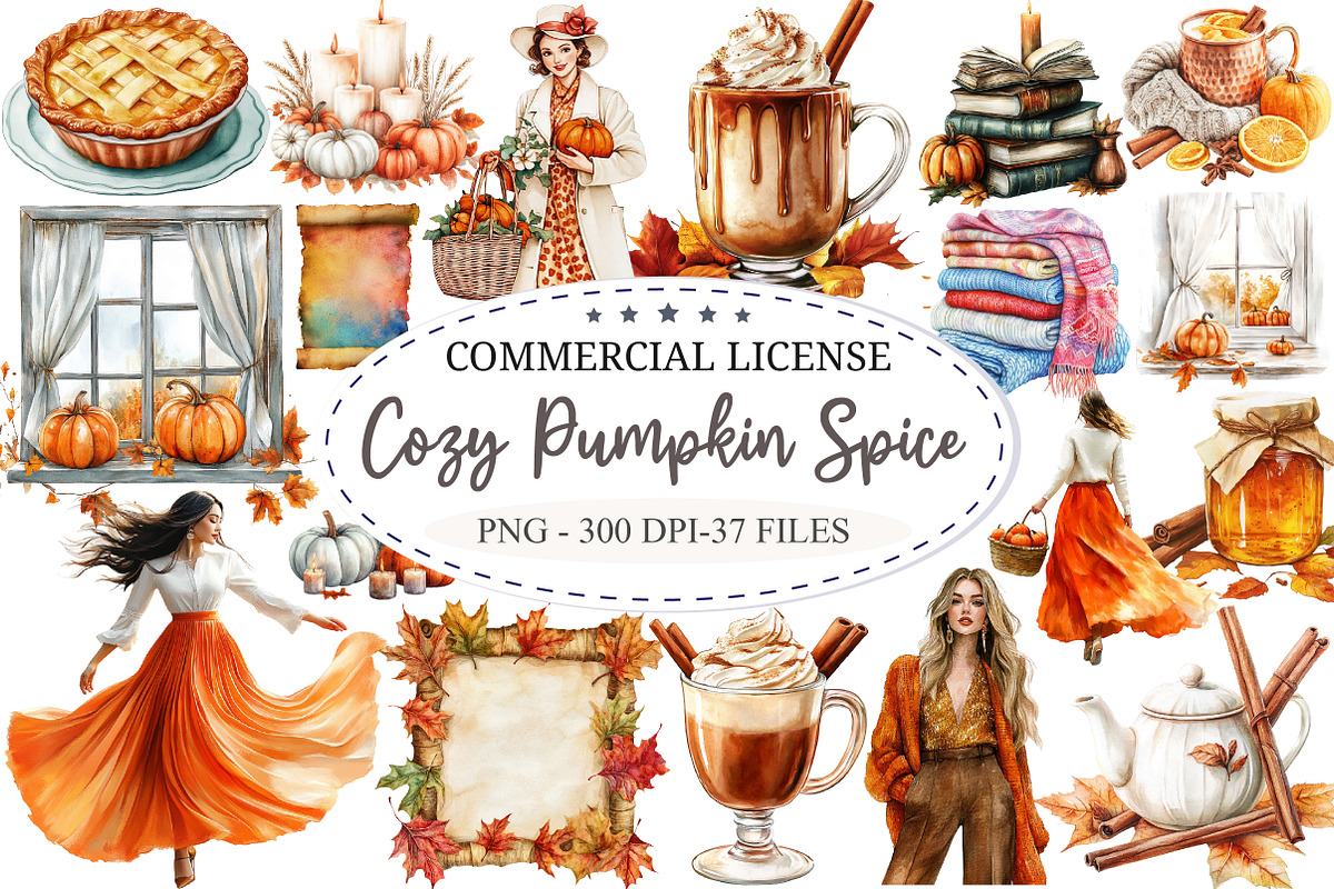 Watercolor Pumpkin Spice Clipart, a Seasonal Illustration by designcity5 (Photo 1 of 5)