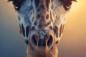 Striking close-up portrait of a giraffe with soft sunset lightin, an Animal Photo by Ales Munt