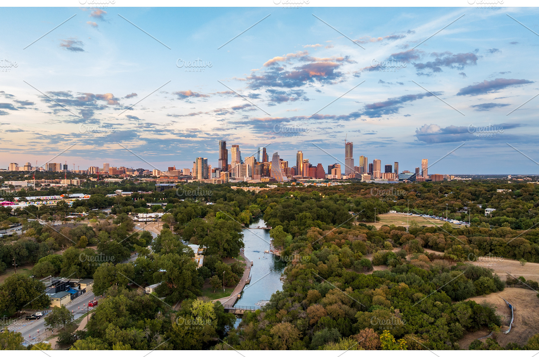 Aerial view of the Austin skyline at, an Architecture Photo by Backyard Stock
