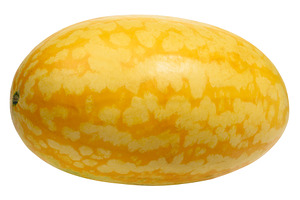 Whole ripe yellow watermelon with striped rind, isolated backgro, a Food & Drink Photo by ndanko