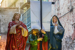 Statues of Mary, Martha and Magdalene carrying the cross during a holy week pro, a Holiday Photo by Antonio Gravante Market